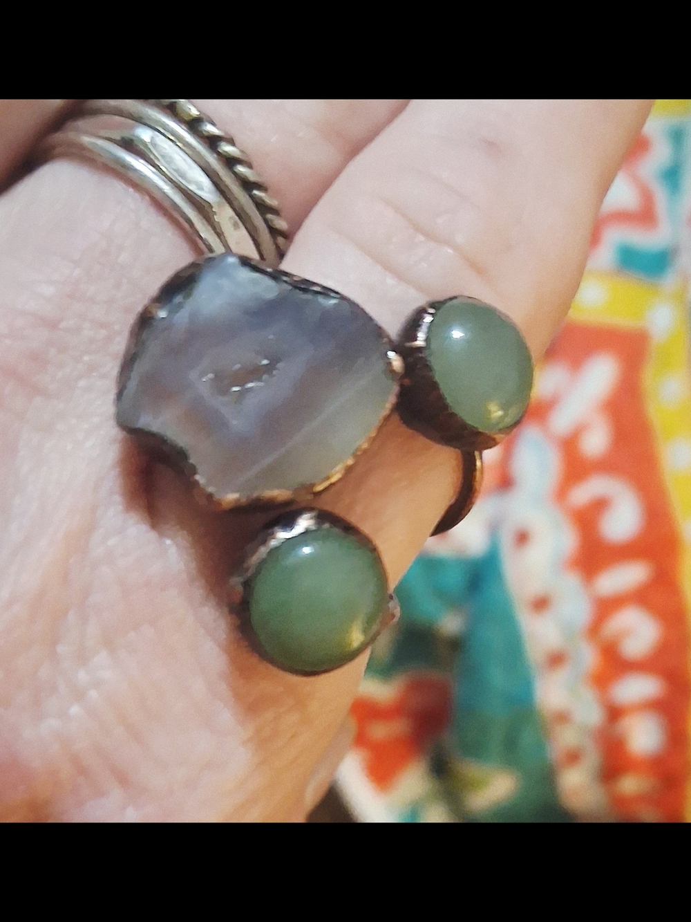 Green Gemstone Triple-Stone Adjustable Ring